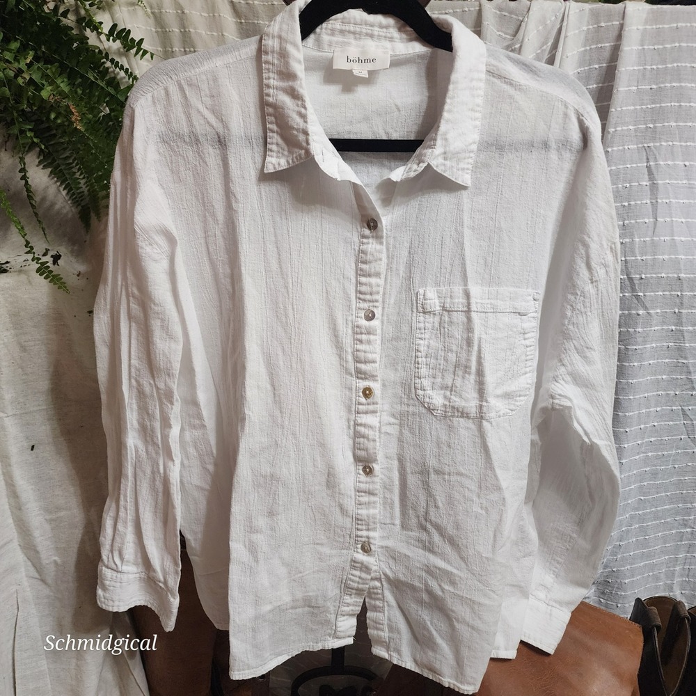 Bohme White Cotton Crinkle Gauze Button Down Shirt Pocket Long Sleeve FT62785B M